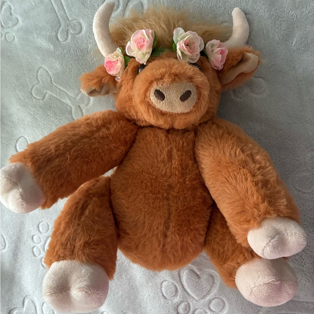 Adorable Plush Highland Cow w/Floral Crown 10-11" high, 9" wide, $45.